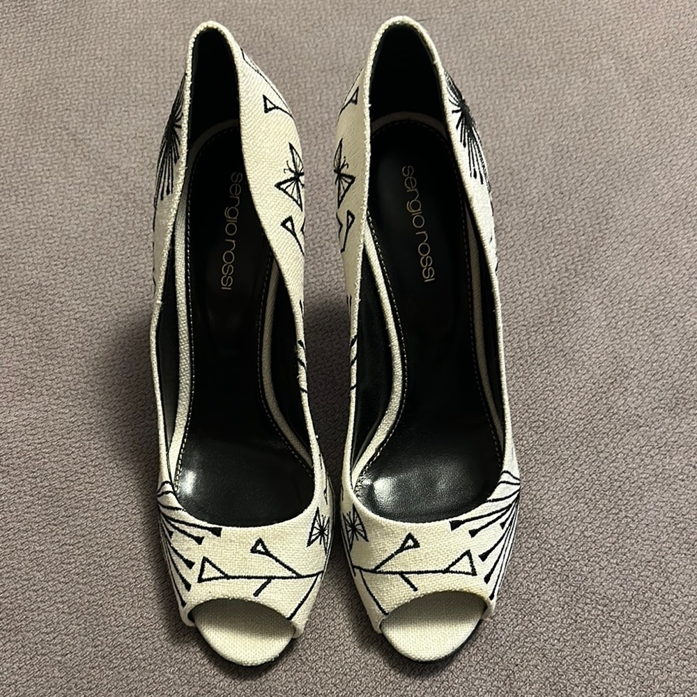 Sergio Rossi Black and White Women's Peep Toe Heels